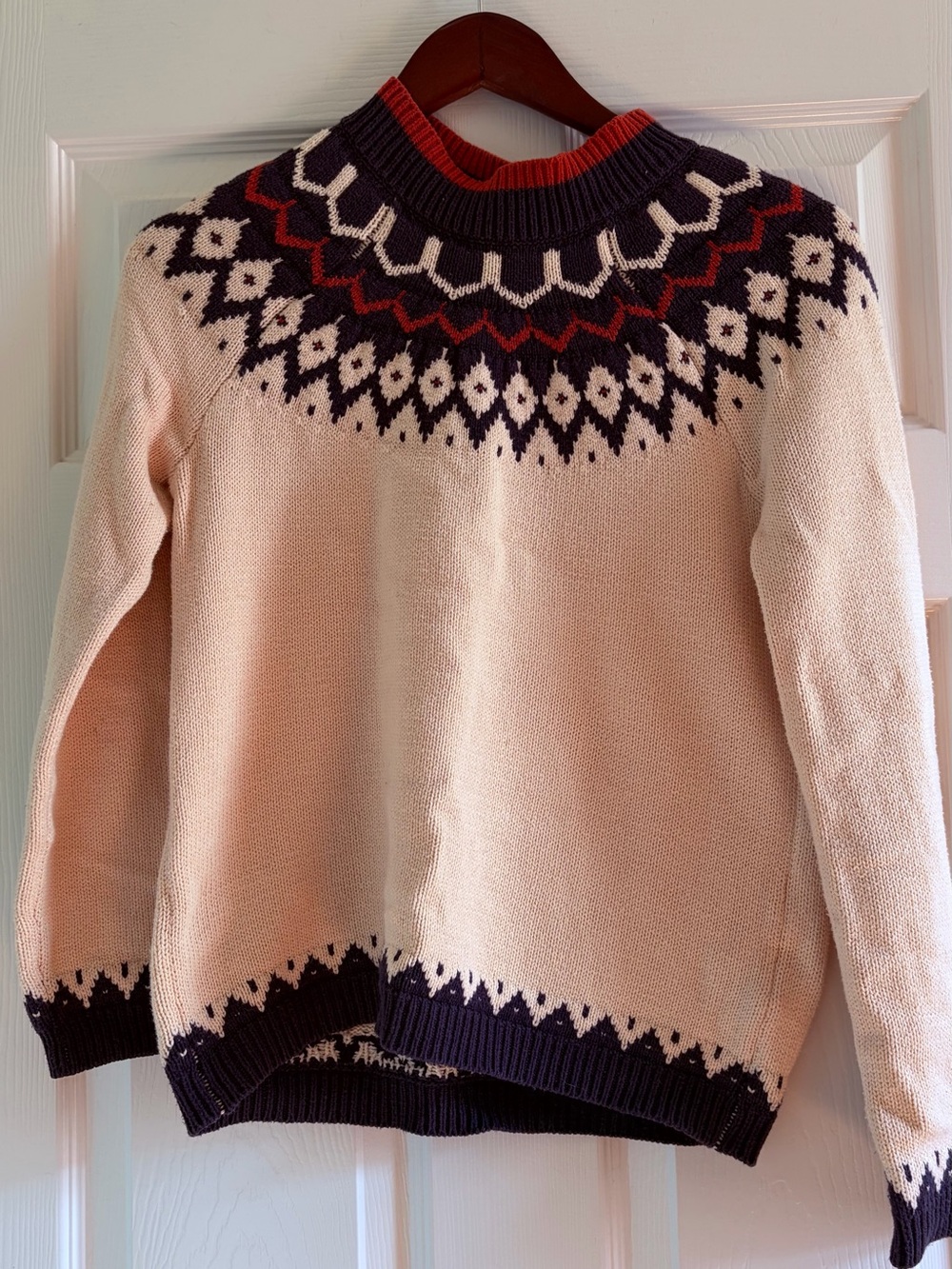 Cream Fair Isle Knit Sweater with Navy & Red Accents